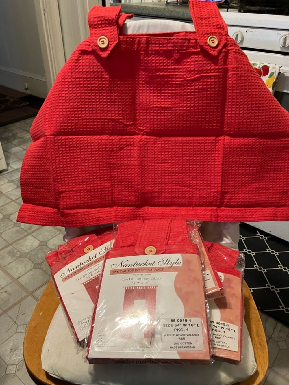 Nantucket Style. Set of 5.  16” waffle weave red valances